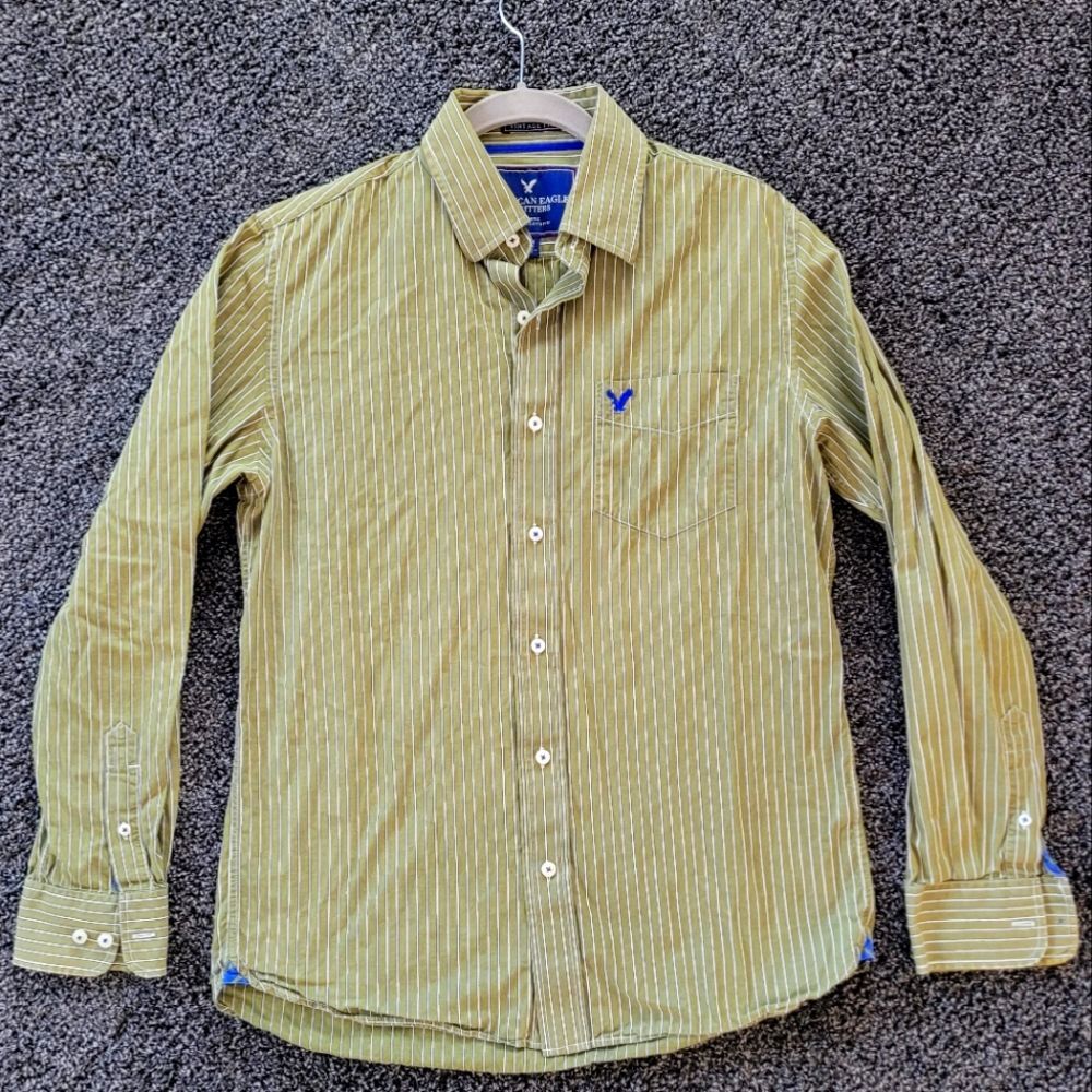 American Eagle Mens Striped Shirt Medium Green Vintage Fit Long Sleeve Button Up